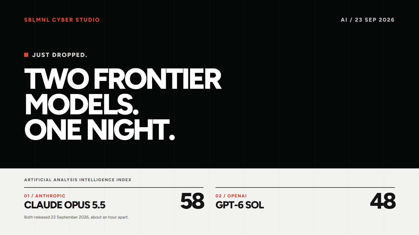 A black panel headed Just dropped, with the words Two frontier models. One night. in large white type, above a light strip showing the Artificial Analysis Intelligence Index: Claude Opus 5.5 from Anthropic at 58 and GPT-6 Sol from OpenAI at 48, both released 22 September 2026, about an hour apart