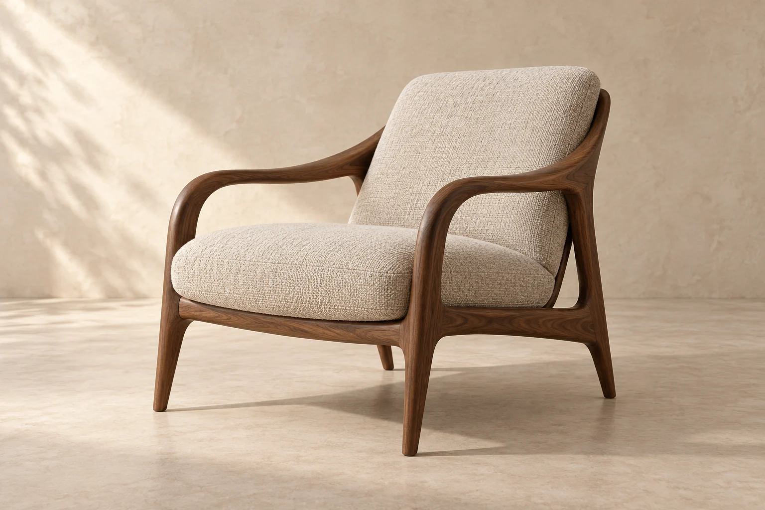 Illustrative walnut and oatmeal upholstered lounge chair