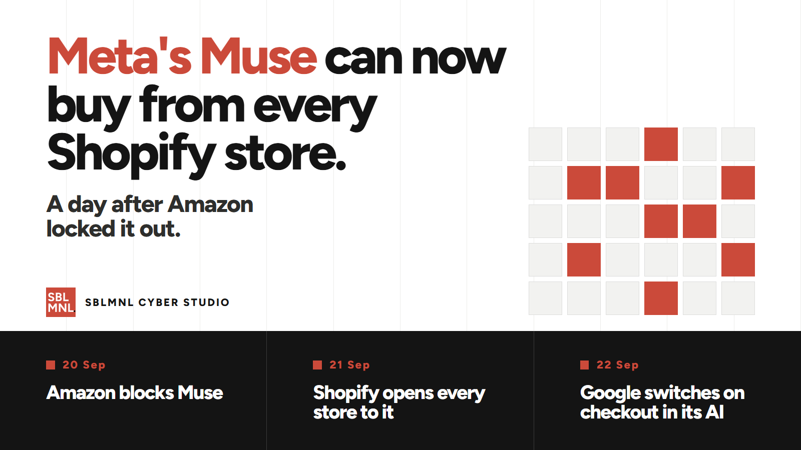 A type-led panel reading Meta's Muse can now buy from every Shopify store. A day after Amazon locked it out, above a three-step timeline: 20 September, Amazon blocks Muse; 21 September, Shopify opens every store to it; 22 September, Google switches on checkout in its AI