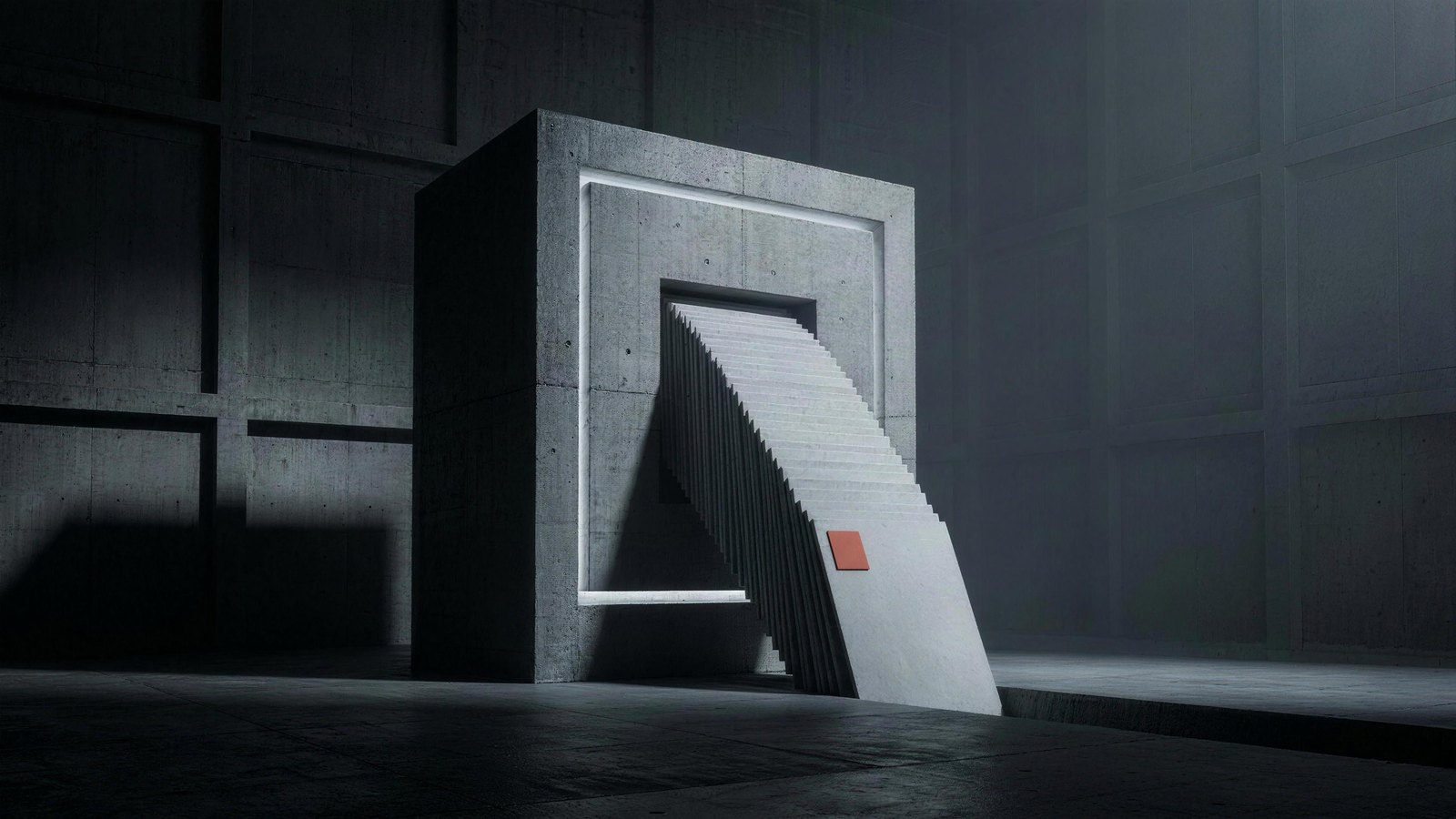 Abstract cyber-brutalist scene: a monolithic concrete aperture ingesting a fanned stack of pale record slabs, one marked with a single red square