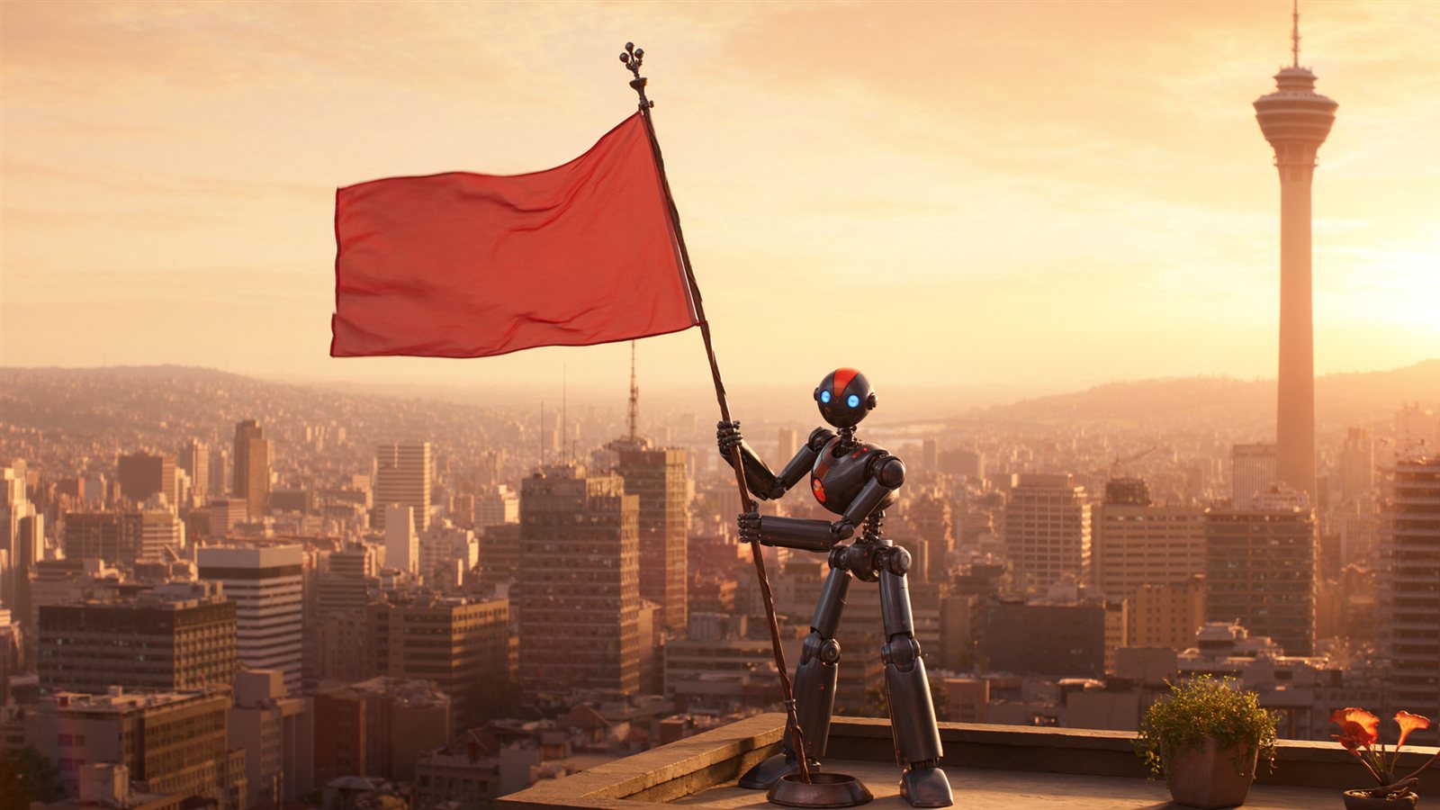 A friendly robot planting a tall red flag on a rooftop overlooking the Johannesburg skyline at sunset