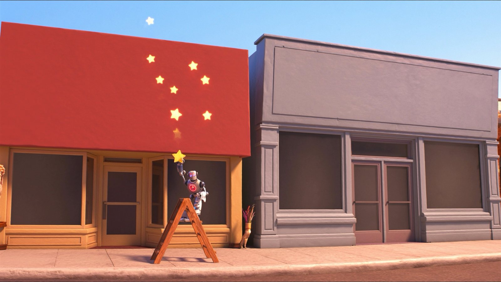 A friendly robot on a stepladder polishing one of the golden stars floating above a small independent shop, beside a plain grey chain store