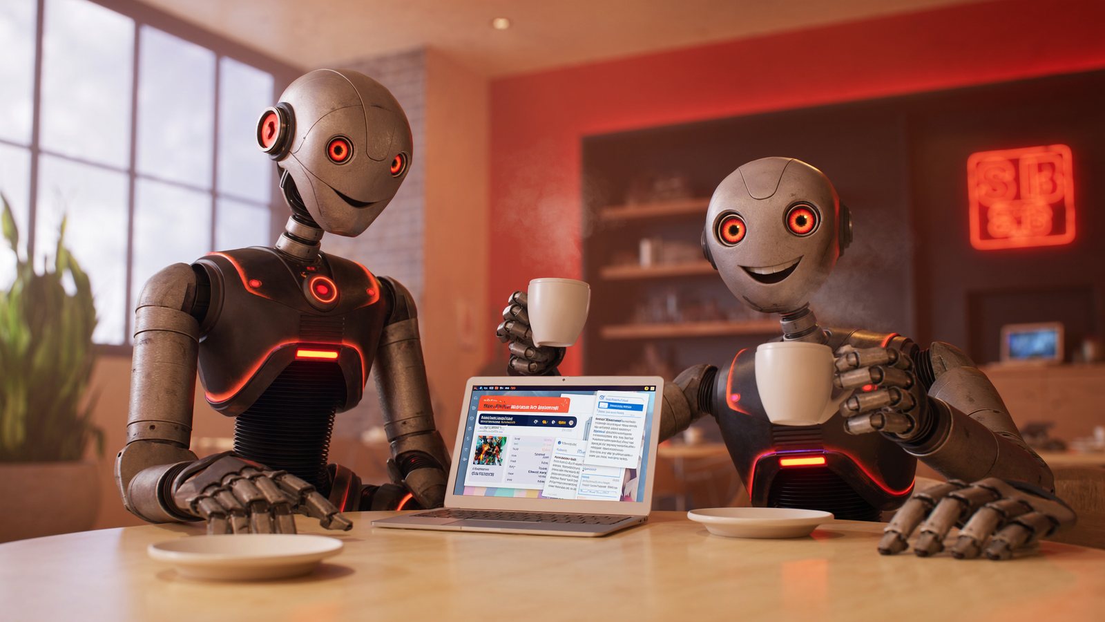 Two friendly robots chatting over coffee while looking at search results and star reviews on a laptop screen