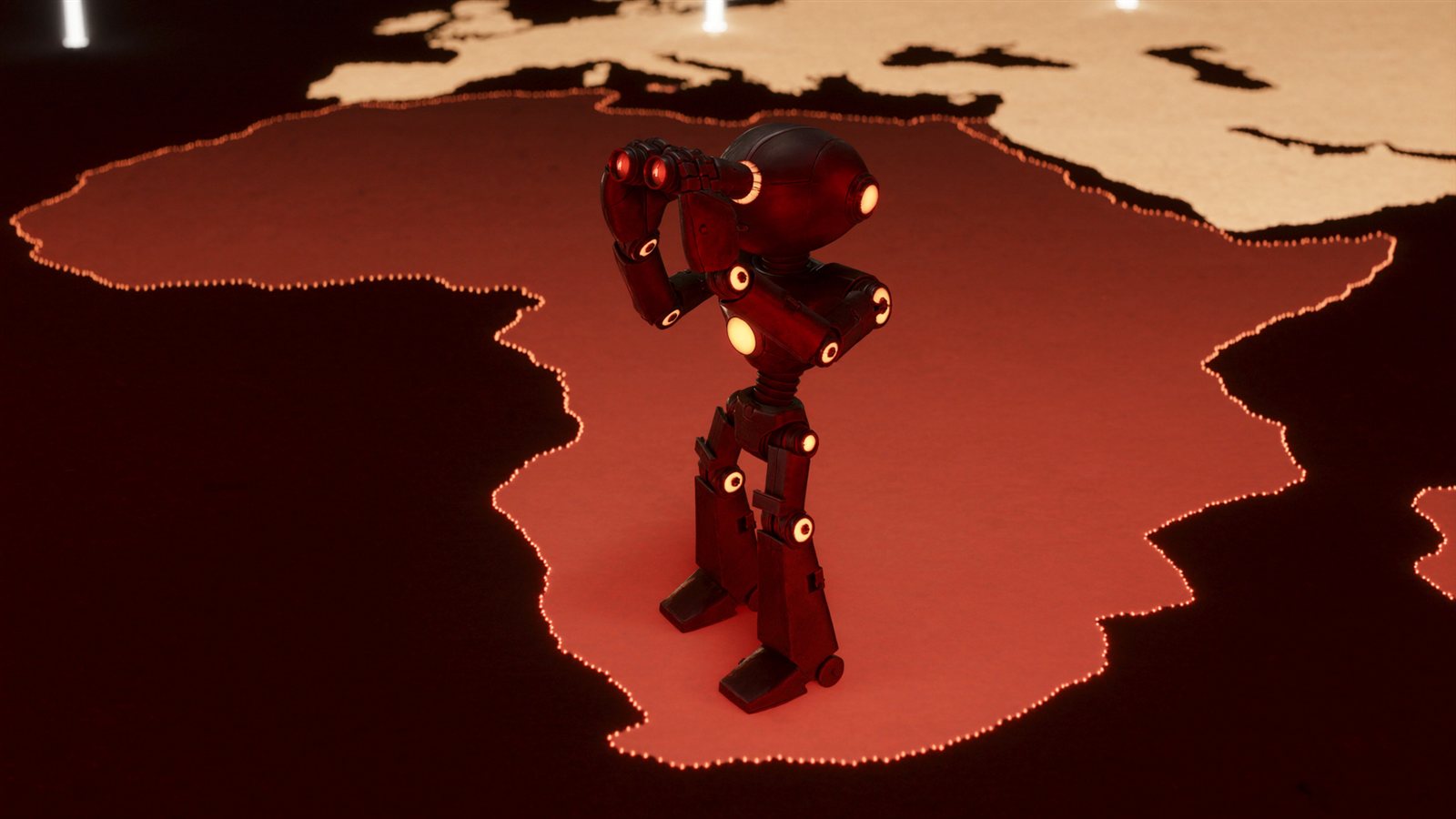 A curious robot with binoculars standing on a glowing map of Africa outlined in warm red light