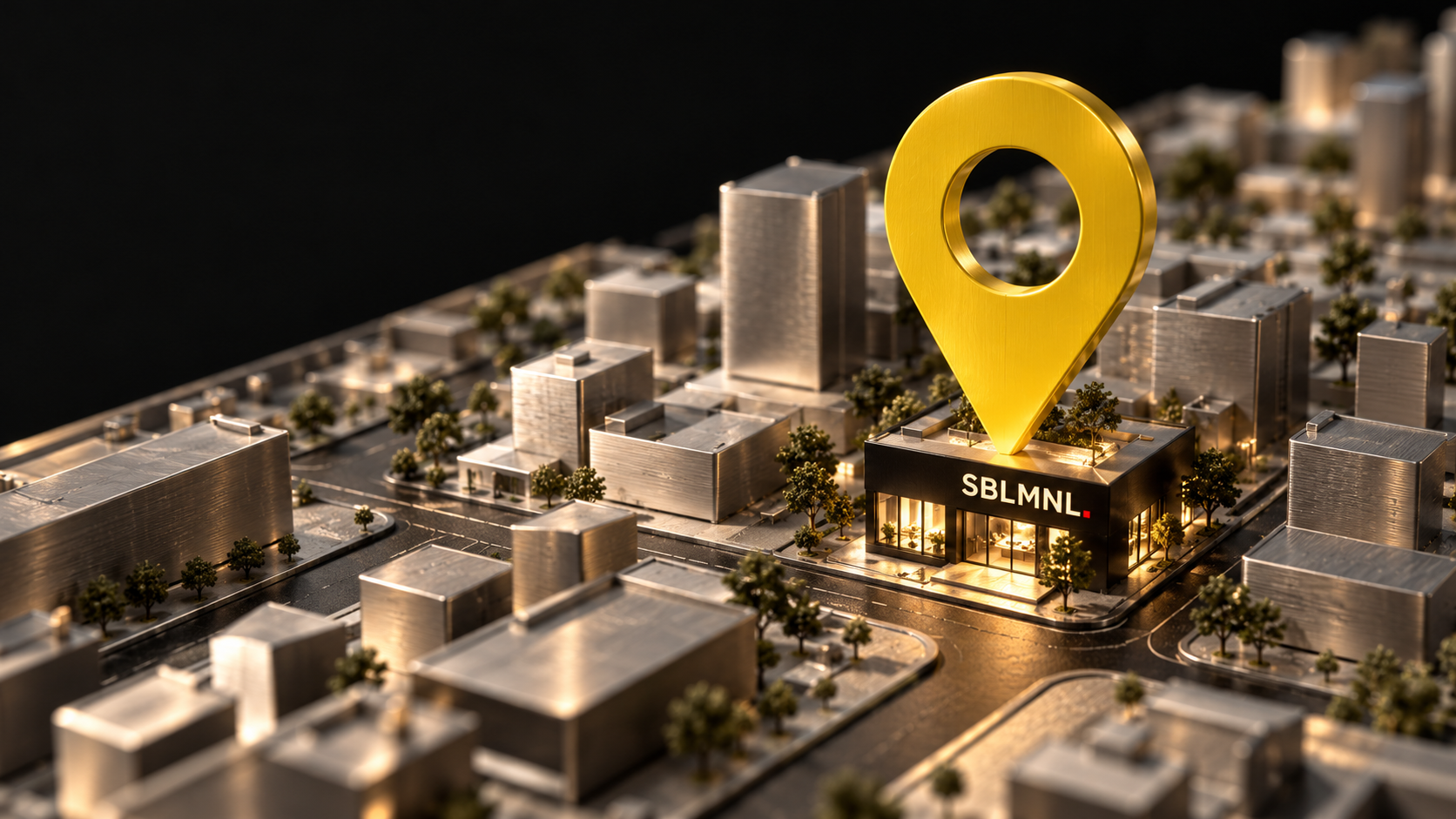 A yellow map pin above a SBLMNL business in a miniature metallic city.