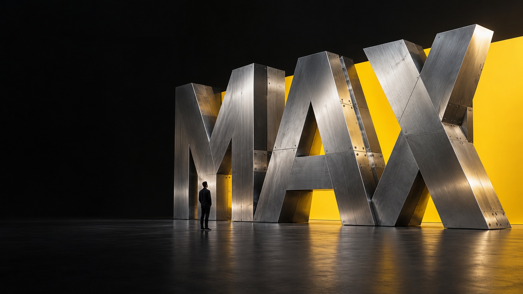Monumental steel MAX sculpture with a yellow architectural backdrop.