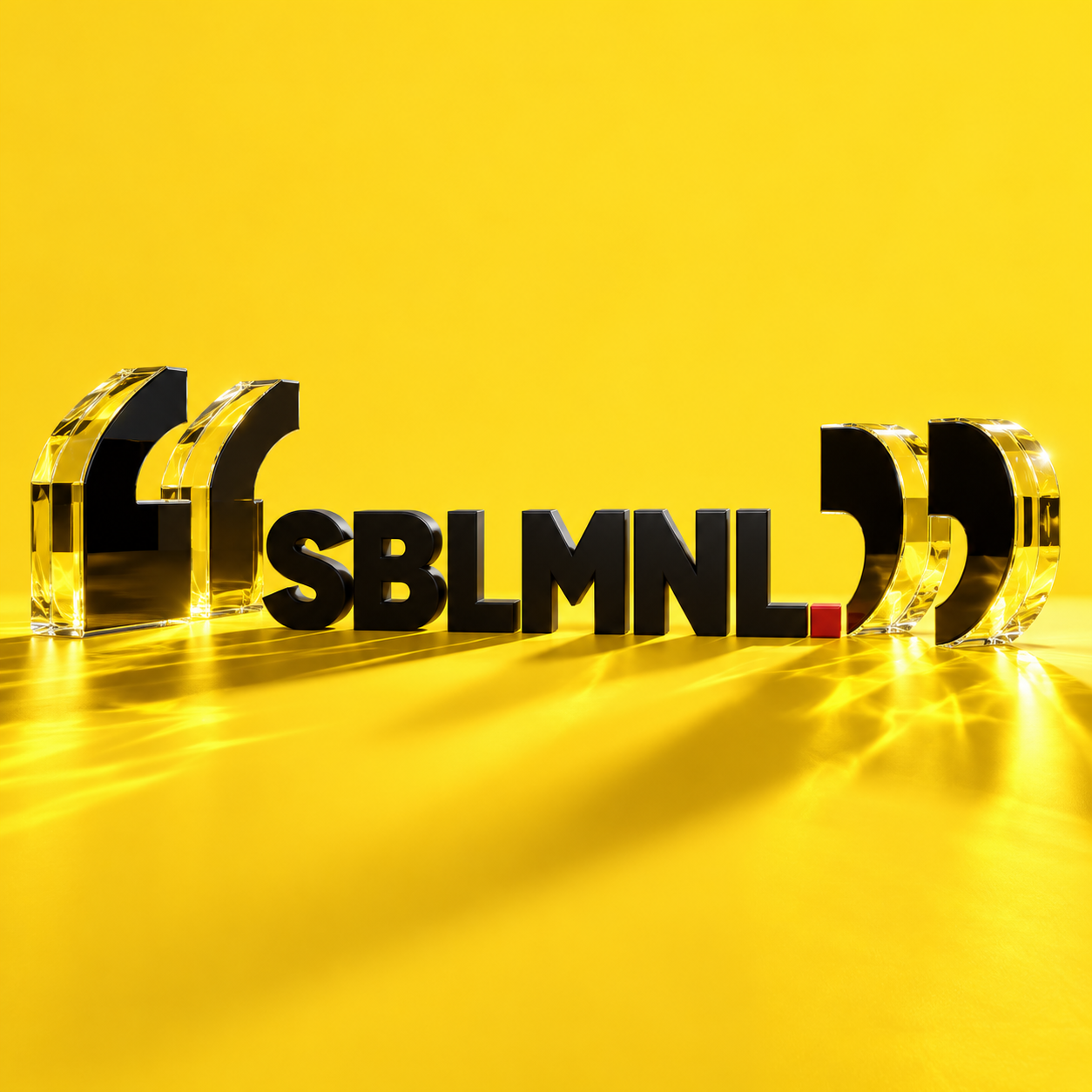Black SBLMNL lettering between glass quotation marks on yellow.