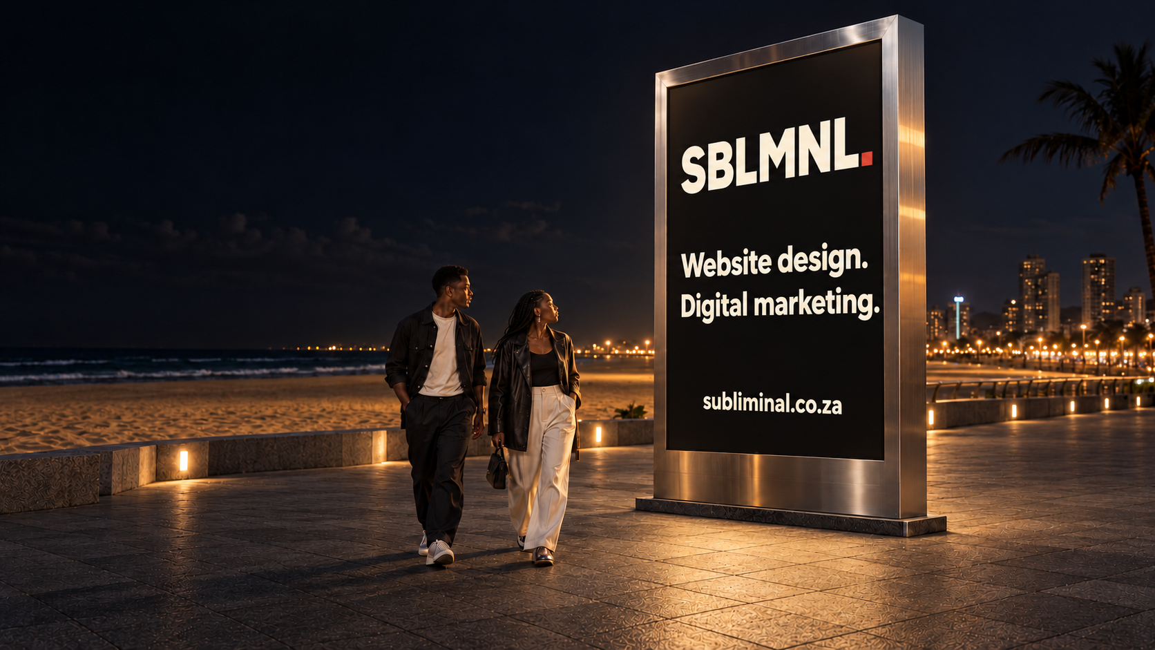 Conceptual SBLMNL billboard beside the Durban beachfront at night.