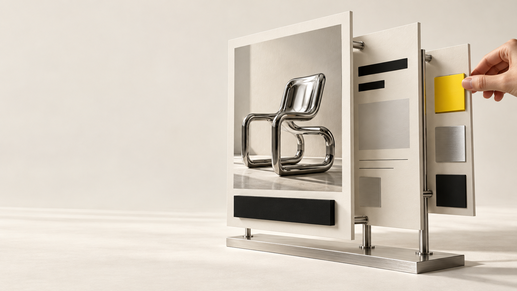 A physical website layout with a chrome chair and adjustable page elements.