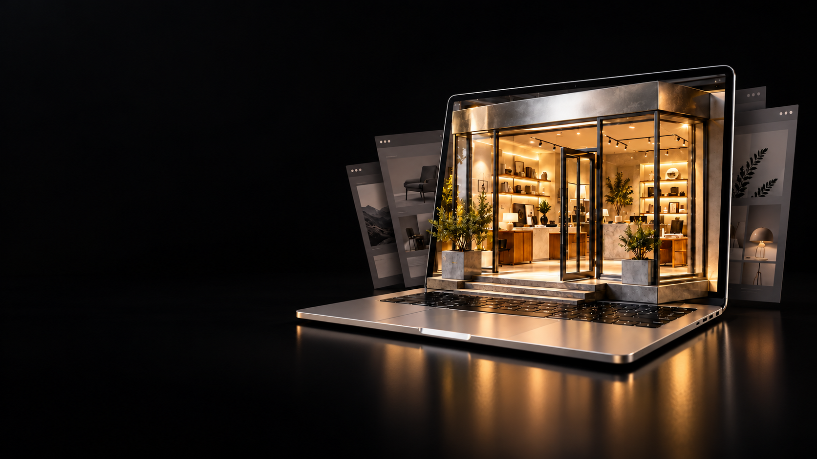 A laptop opening into an illuminated storefront.