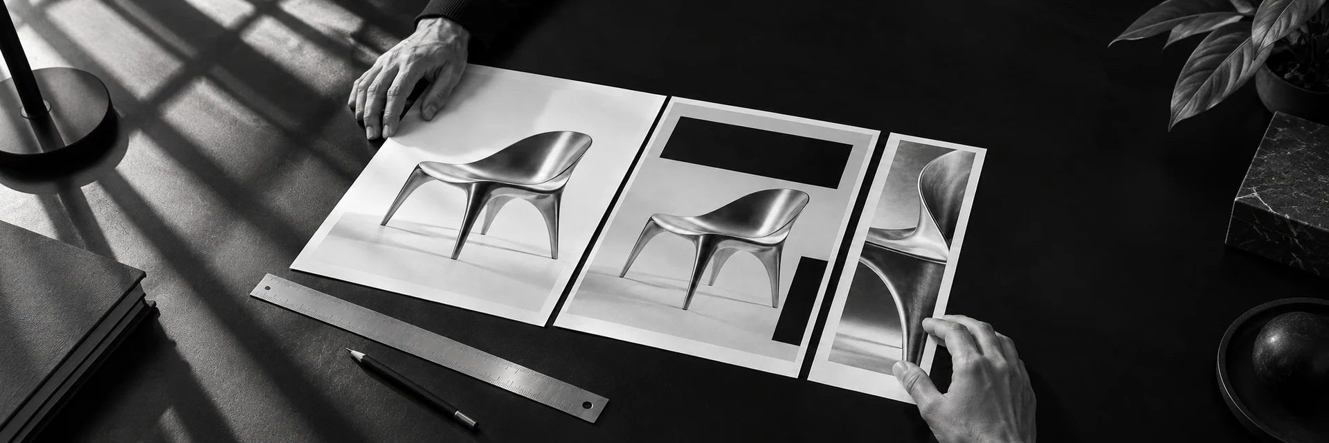 Black-and-white photograph of hands arranging campaign layouts.