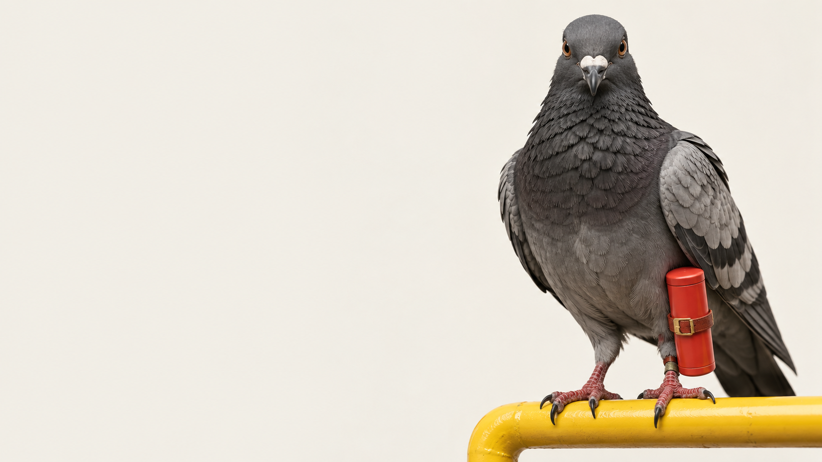 A carrier pigeon with a red message capsule, perched on a yellow rail.